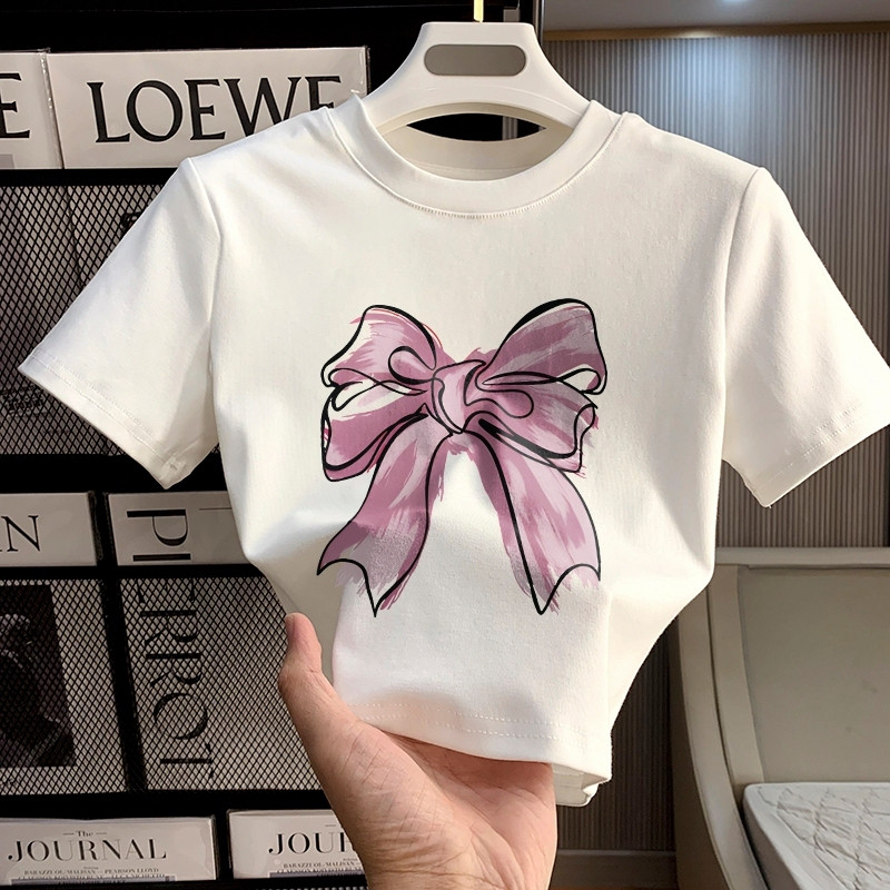 BEARPINK  T-shirt Crop Top y2k Lengan Pendek Kaos Wanita Crop Top  Pita Ungu Wanita Terbaru Kaus Cro