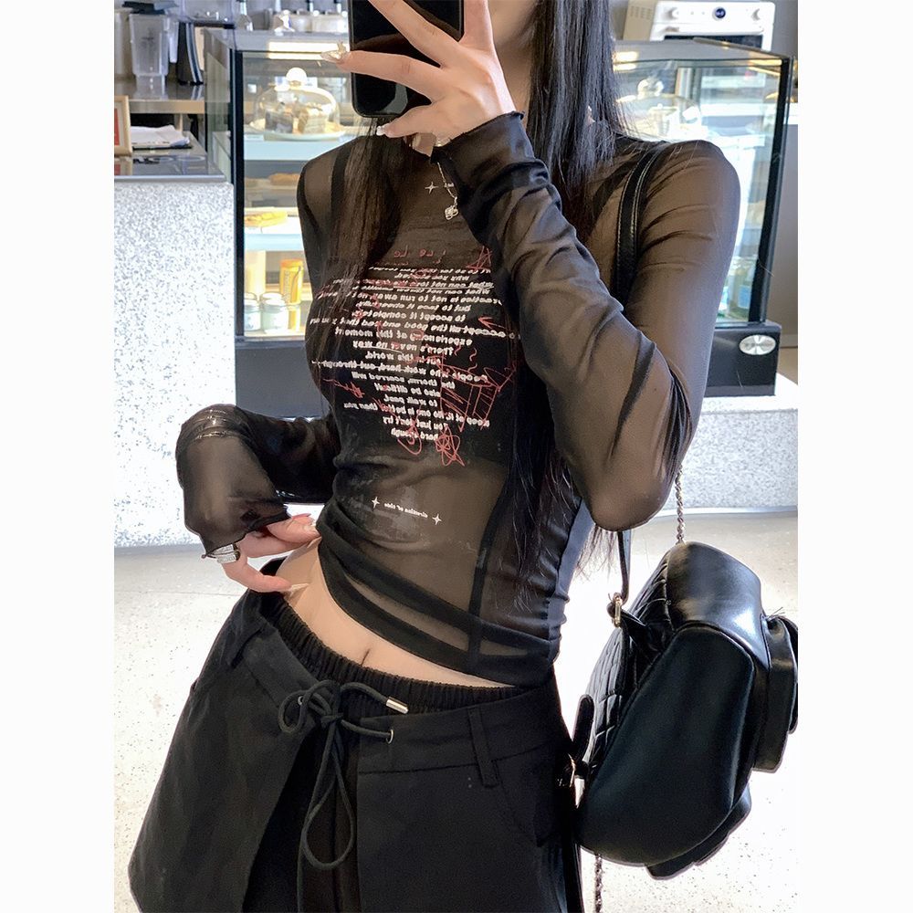 T-shirt Summer mesh transparan fungus edge dicetak bulat leher panjang lengan panjang slim bottoming