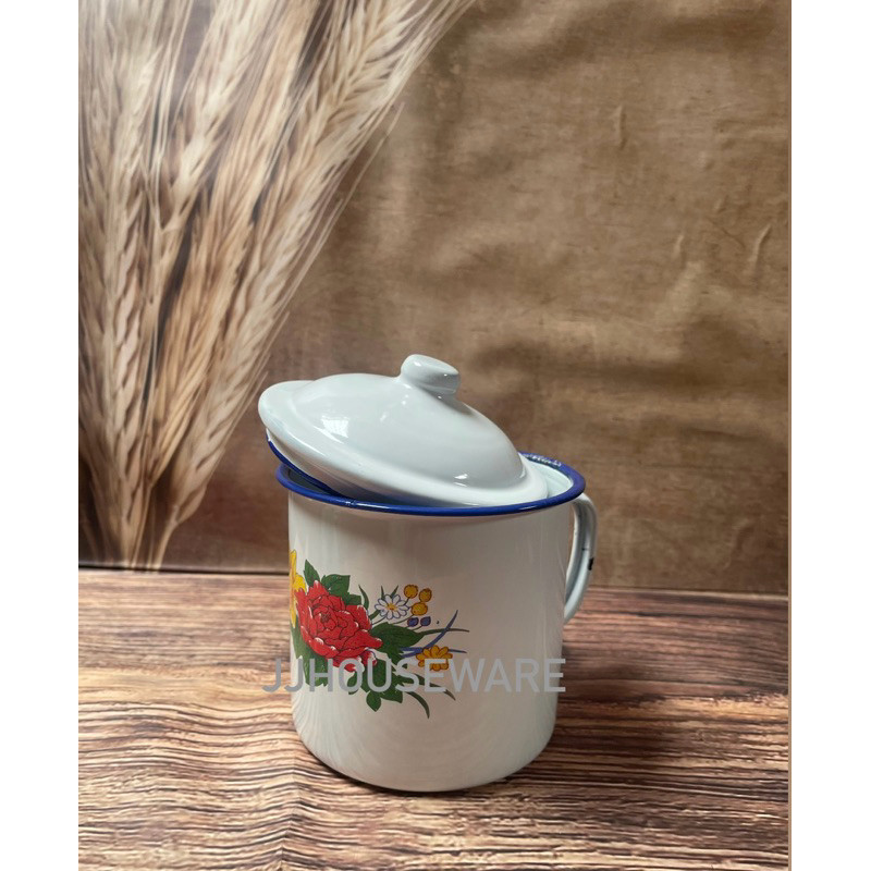 Mug Enamel Bunga / Gelas Pake Tutup / JJ.Houseware