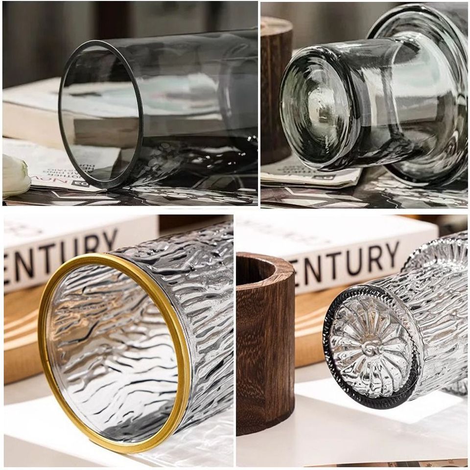 Light Luxury Wooden Base Glass Vase Thick Large Capacity Transparent Hydroponic Vase Striped Cylinde