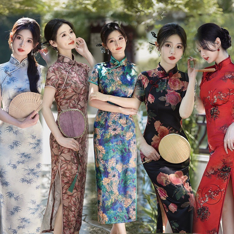 Gaun Cheongsam Panjang Beludru Dewasa Bordir Liong Naga