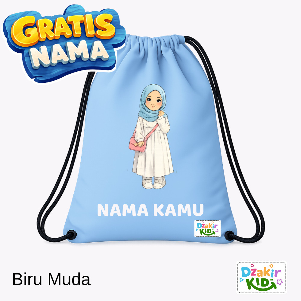 DZAKIR KIDS Tas Serut GRATIS NAMA ANAK SD MENGAJI PEREMPUAN DRESS PUTIH KERUDUNG BIRU BAWA TAS Aneka