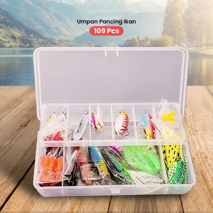Set Umpan Pancing 109 PCS Lengkap dengan Box – Aneka Bentuk Realistis, Cocok untuk Berbagai Jenis Ik