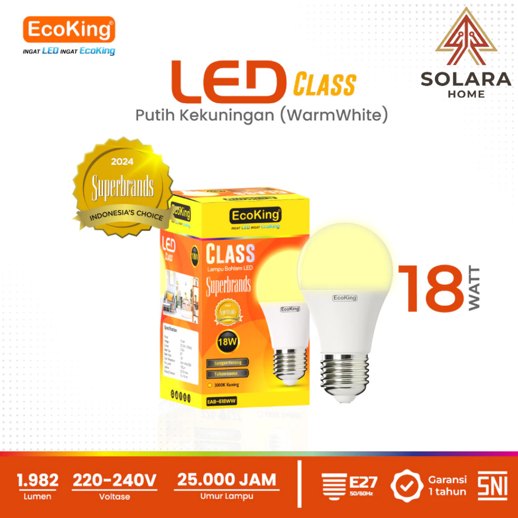 EcoKing Lampu LED 18 Watt CLASS Bohlam Kuning Warm White Hemat Listrik - Lampu Rumah LED Bulb 18W