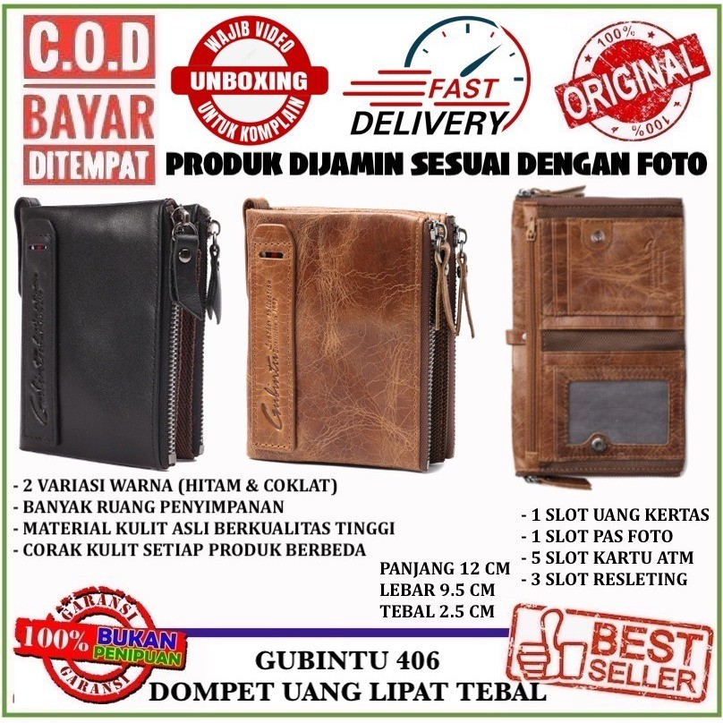 Bayar di Tempat  Gubintu 406 Dompet Lipat Tebal Pria Wanita Bahan Kulit Asli Kilat Lembut Muat Banya