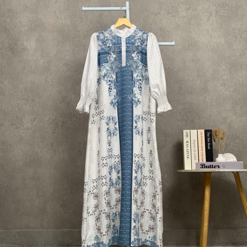 FADFAD | Gaun Elegan Motif Posisi | Lengan Panjang | Bahan Adem | Warna Putih Biru | Warna Putih Cok