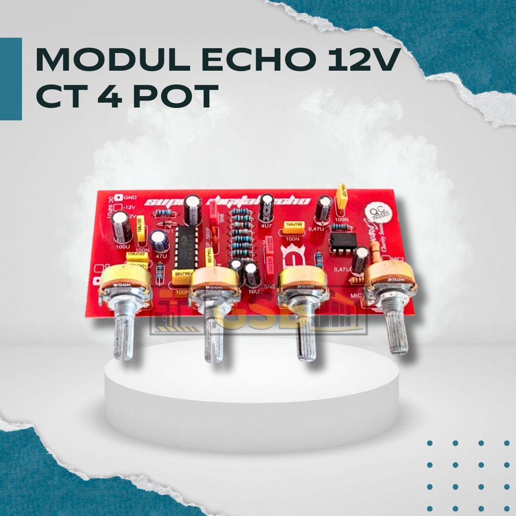 Modul Efek Digital Echo 4 Potensio Kontrol Speed Reverb Mic1 Mic2 Tegangan 12V CT