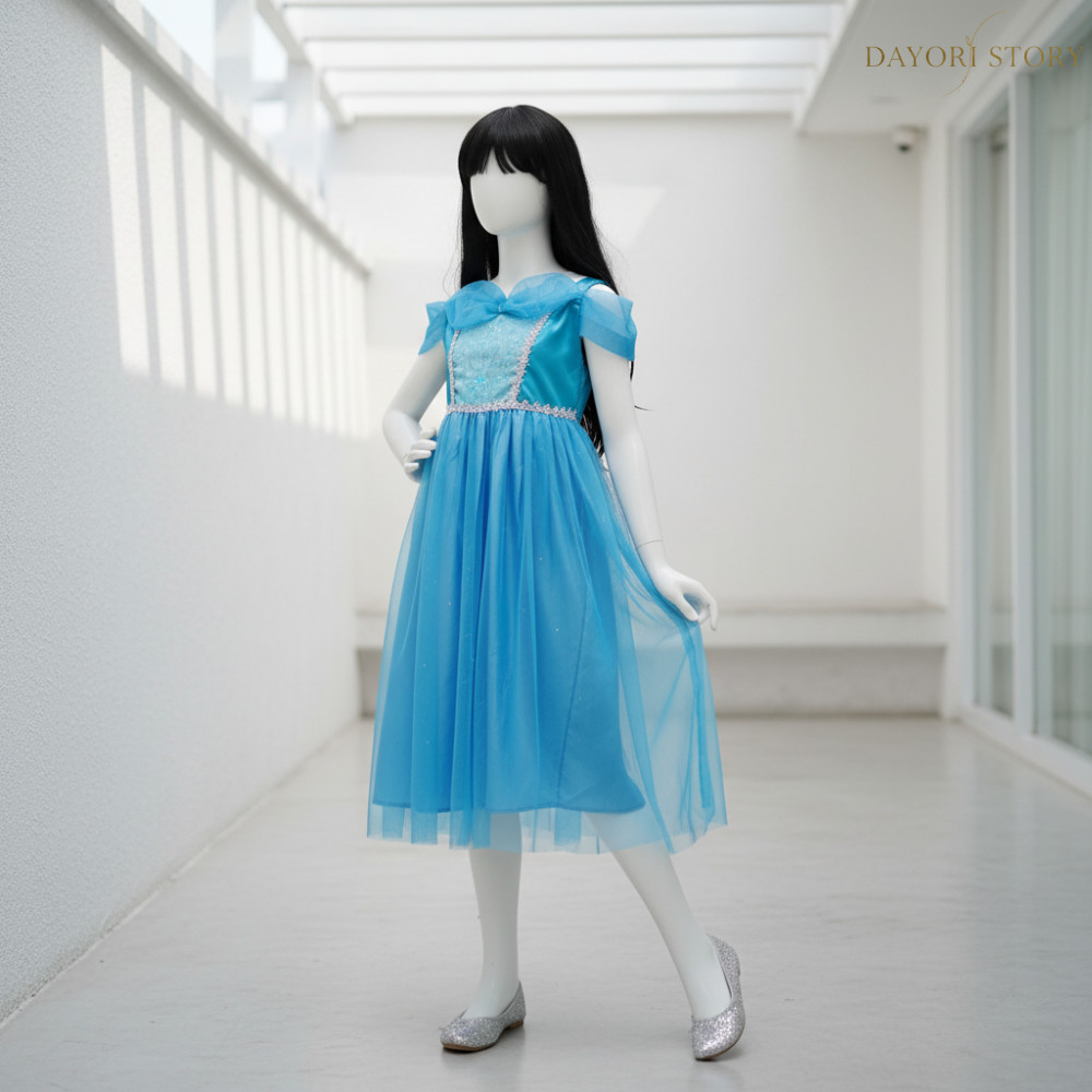 Gaun Pesta Anak Princess Biru Dress Putri Cantik Aksesoris Mahkota Tongkat Set 2in1 Mewah Ulang Tahu