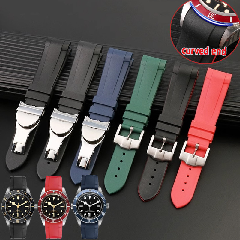Curved end Natural Rubber Watband men 22mm for Tudor Black Bay 1958 41mm GMT Pelagos Pin Fog buckle 