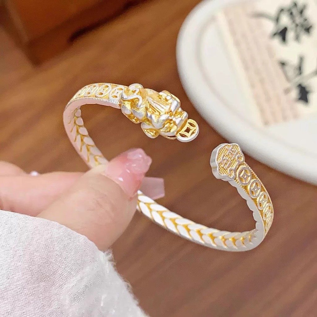 Gelang Terbuka Koin Tembaga Pixiu Berlapis Perak Tebal Emas Putih Gaya Cina Baru