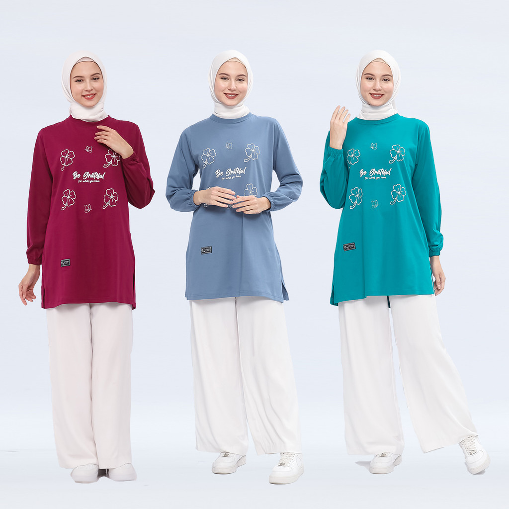 Tunik Panjang Wanita Muslimah Kaos Lengan Panjang Motif Bunga Ukuran Jumbo Bahan Cotton Tebal Lembut