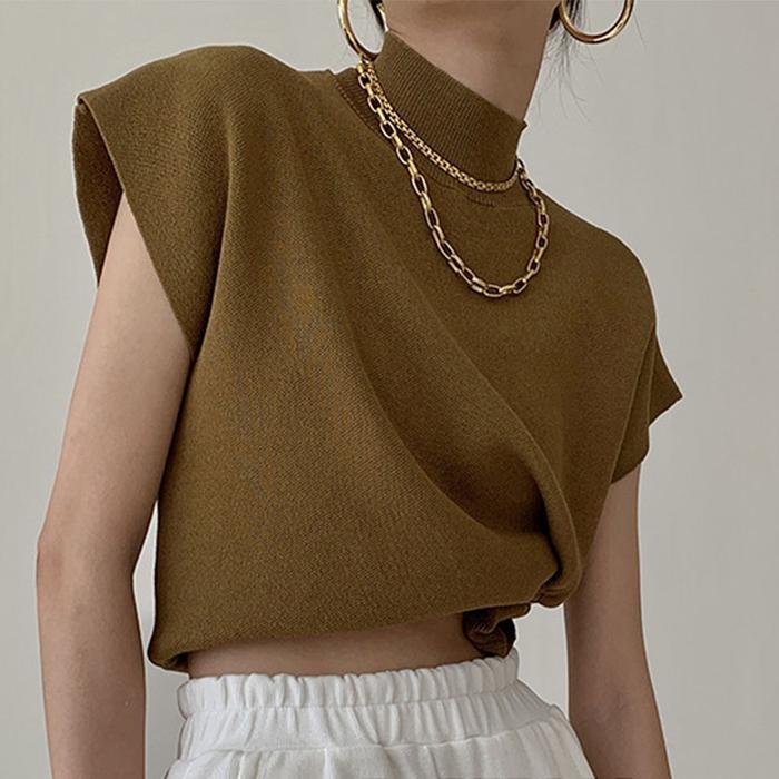 Rompi Turtleneck Setengah Rompi Rajutan Kaos Wanita Longgar Pendek Lengan Pendek Atasan Musim Panas 