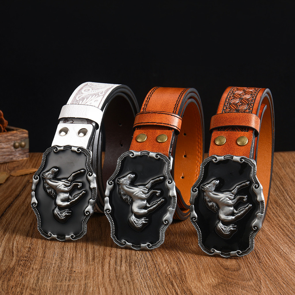 Sabuk Kulit Sapi Pria Motif Kuda dengan Gesper Besar yang Trendy