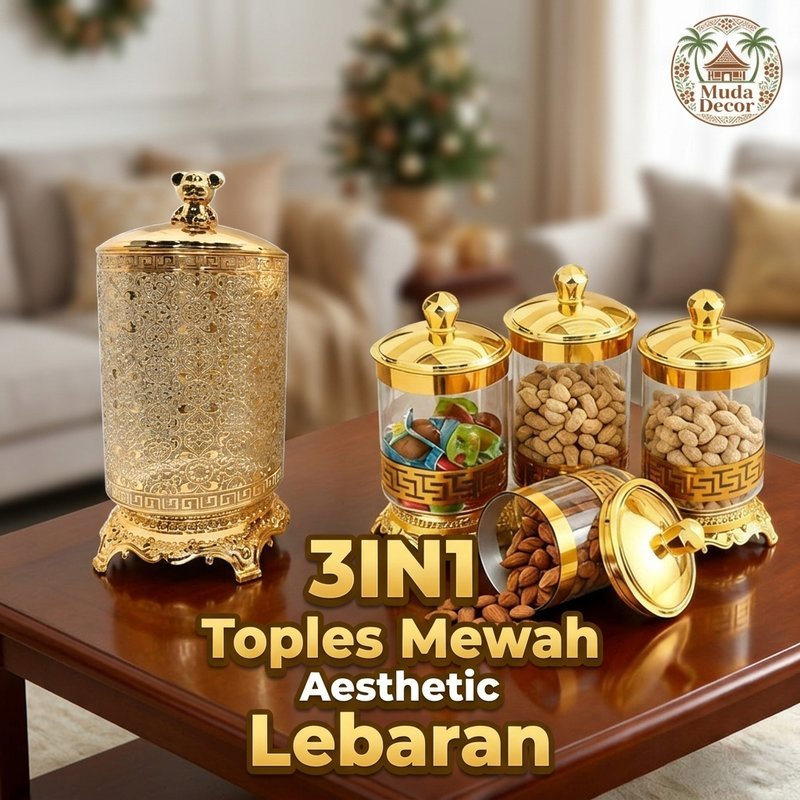 toples 3in1 3pcs set plastik transparan emas toples kerupuk untuk lebaran ukuran besar sedang kecil