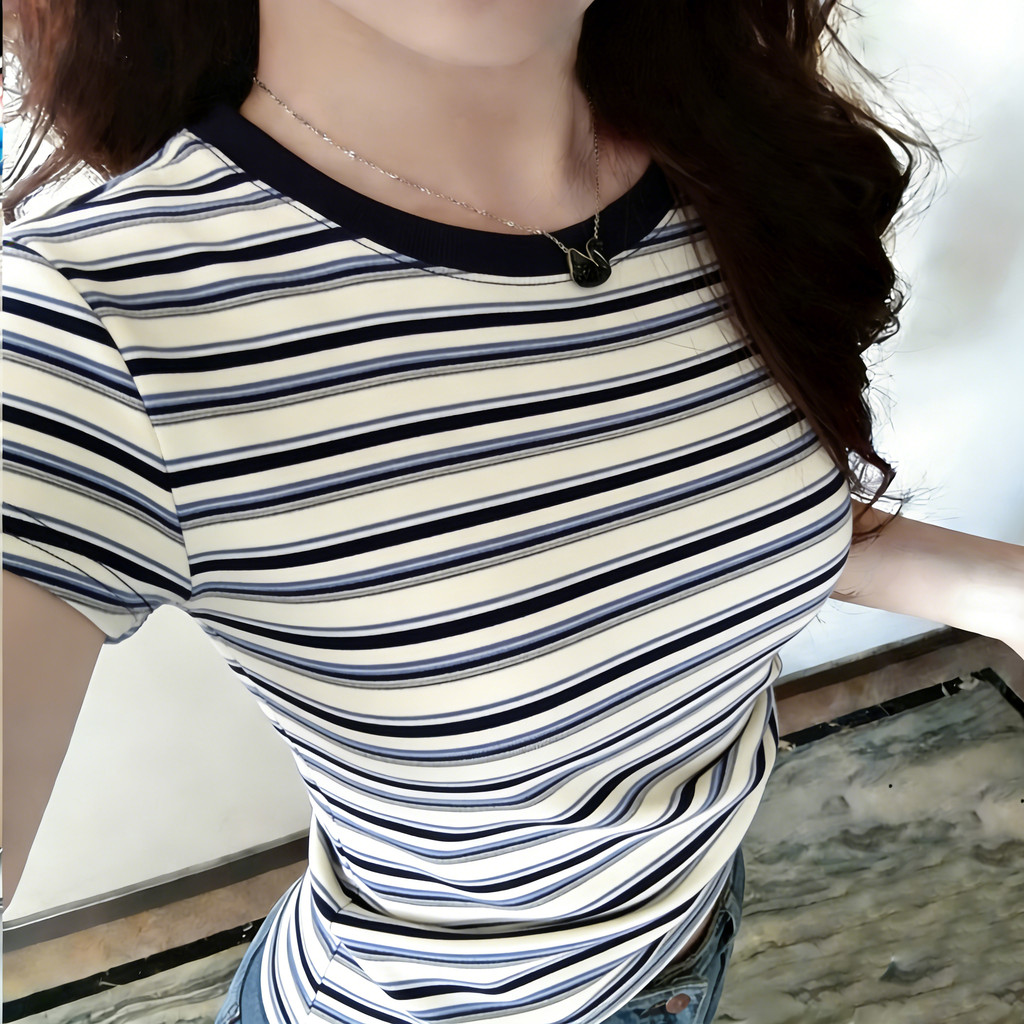 2TOYOUNG Wanita Crop Kaos Wanita Crop Top Slim Fit Lengan Pendek Garis-garis Biru Putih Crop Top Sli
