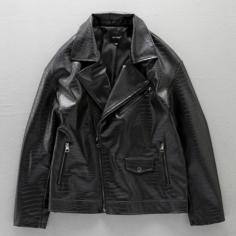 [Dia raja] Jaket Kulit Buaya Tampan Jaket Kulit Ritsleting Miring Longgar Pria Jaket Sepeda Motor