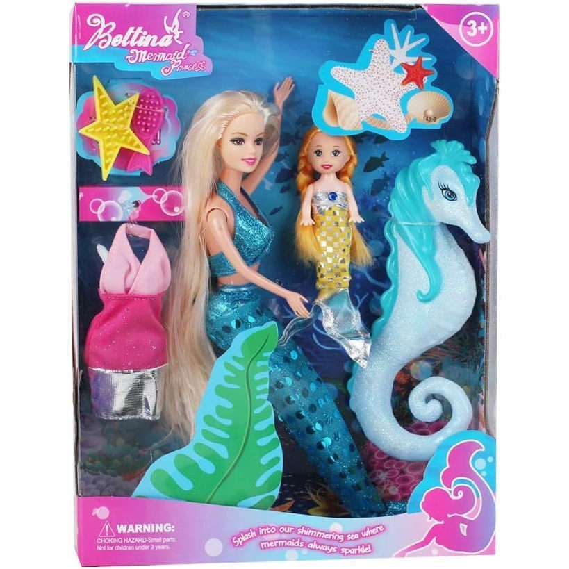 BETTINA Mermaids Princess Doll with Small Mermaid Doll & Seahorse Play Set
