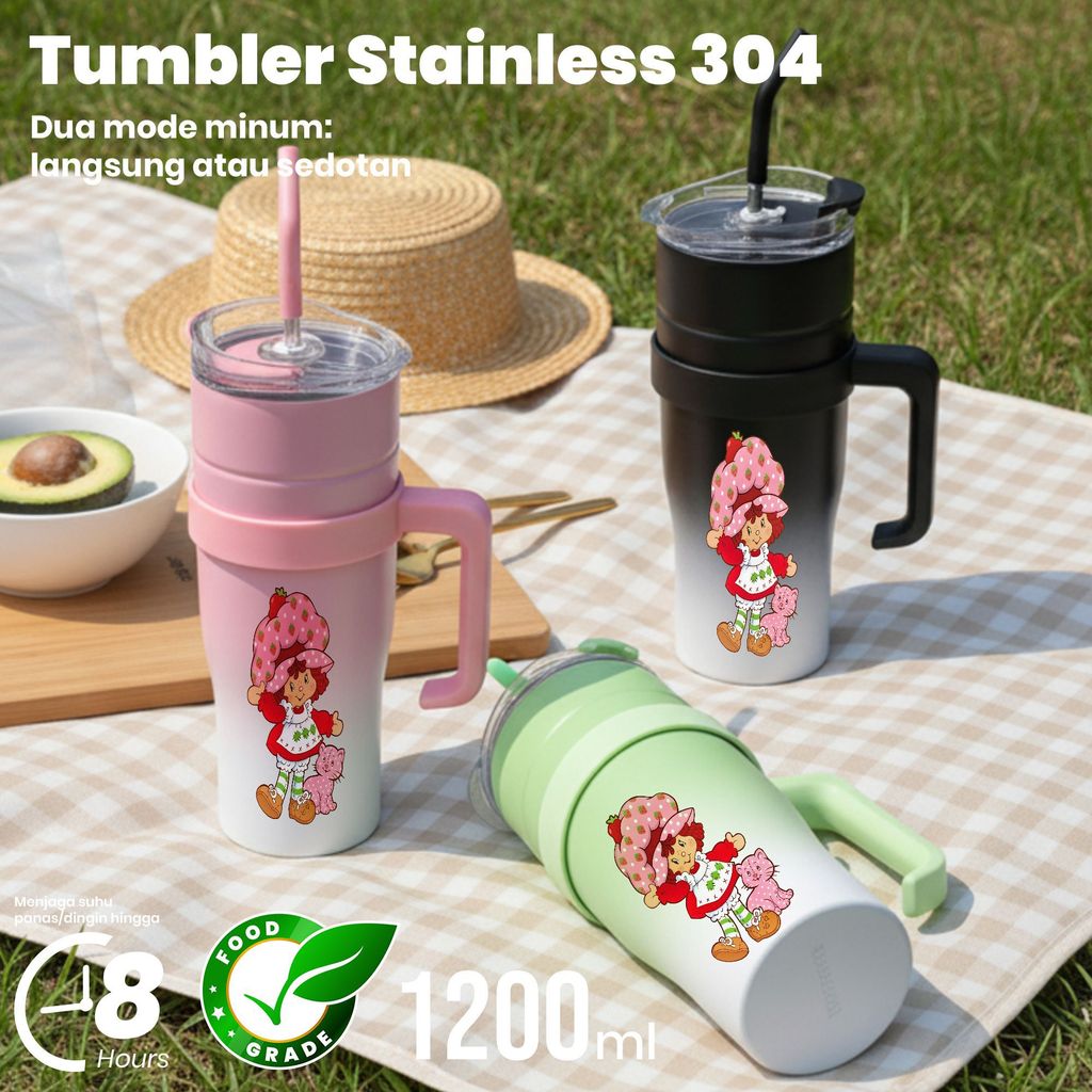 Tumbler Stainless Steel 304 1200ml Strawberry Shortcake Dua Mode Minum Langsun Sedotan 18 Jam Awet A