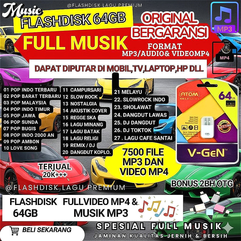 Flashdisk 64GB Full Isian 7500 Lagu & Video Blueray Jernih + 2 OTG