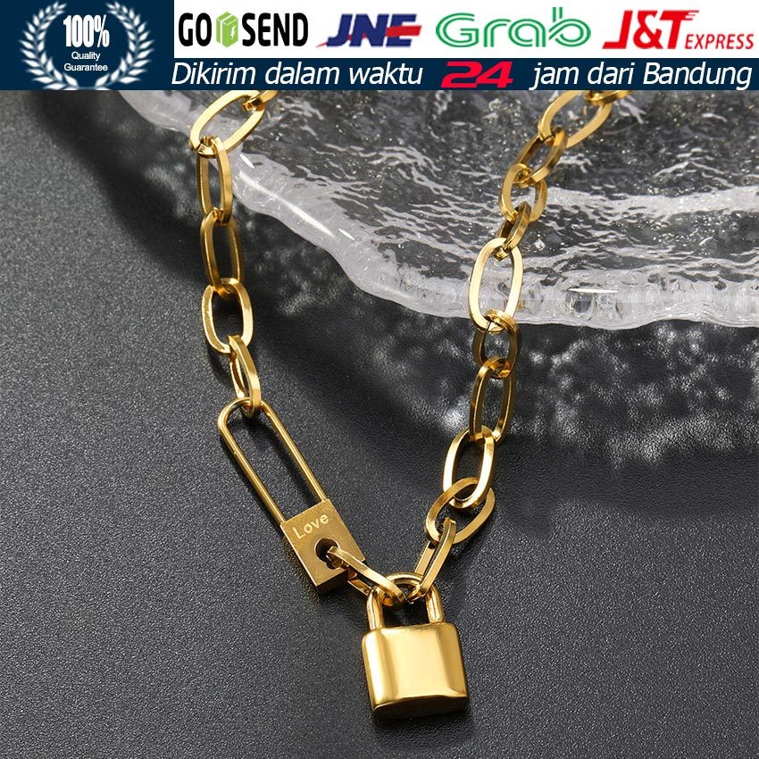 Kalung Rantai Gembok Metal Gold Wanita Pria / Gaya Hip Hop Korea Trendy / Cocok Daily Outfit Dan Aks
