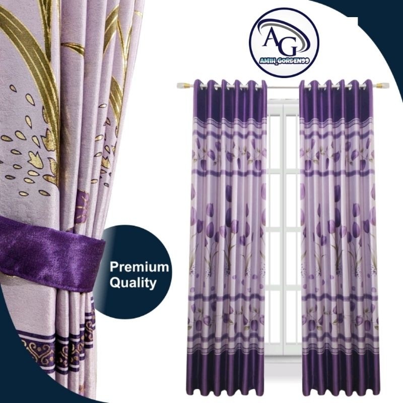 Gorden Blackout Motif Bunga Tulip Ungu - Tirai Korden Smokring Silver - Hordeng Jendela Minimalis