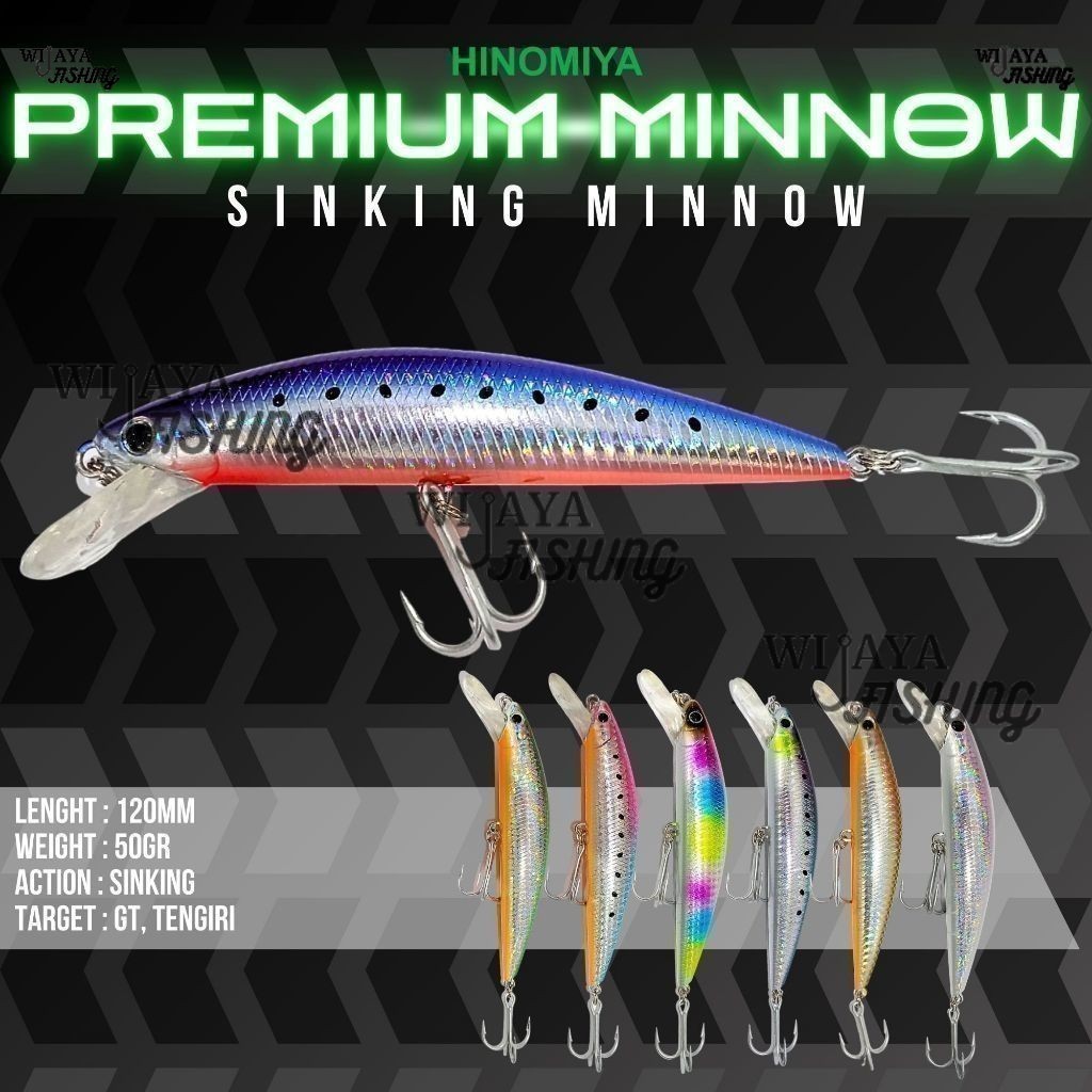 Umpan HINOMIYA Premium Minnow Sinking 12cm 50gr Mancing Ikan Tengiri GT Warna best seller VMC Hook D