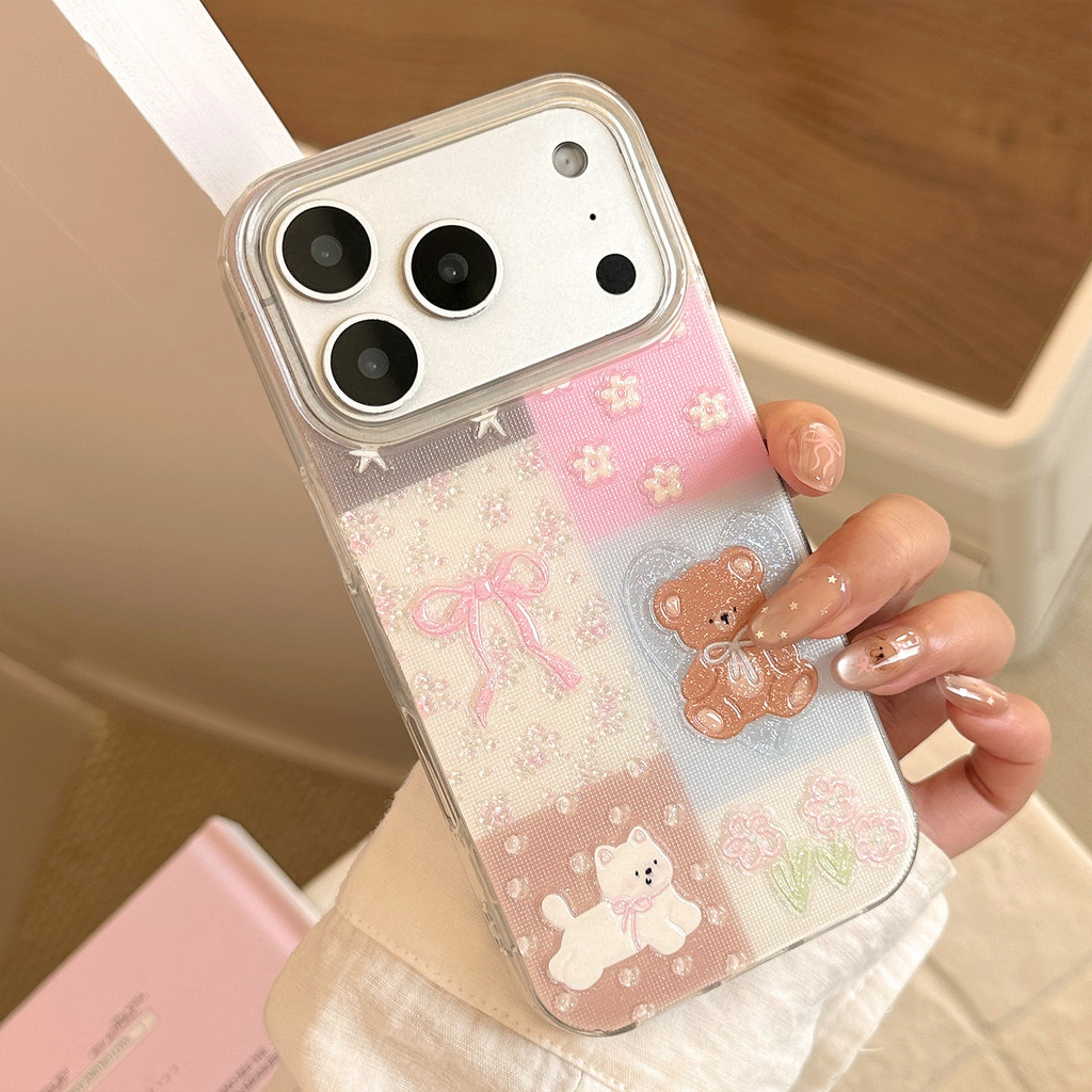 Korean style aesthetic iphone 17 pro max case teddy 16 flower 15 promax apple case