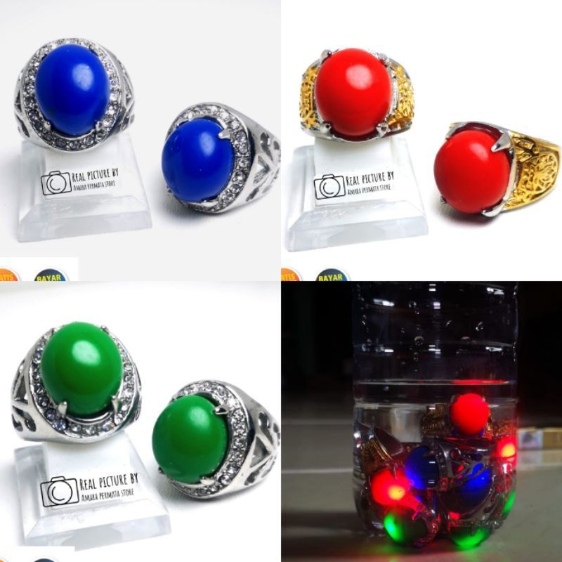 Batu Cincin Merah Delima Menyala Dalam Air Merah Biru Hijau