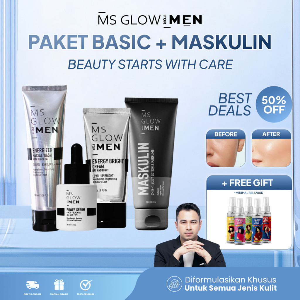 MS Glow For Men Paket Skincare Pria Basic Maskulin Facial Wash Serum Bright Cream dan Body Lotion