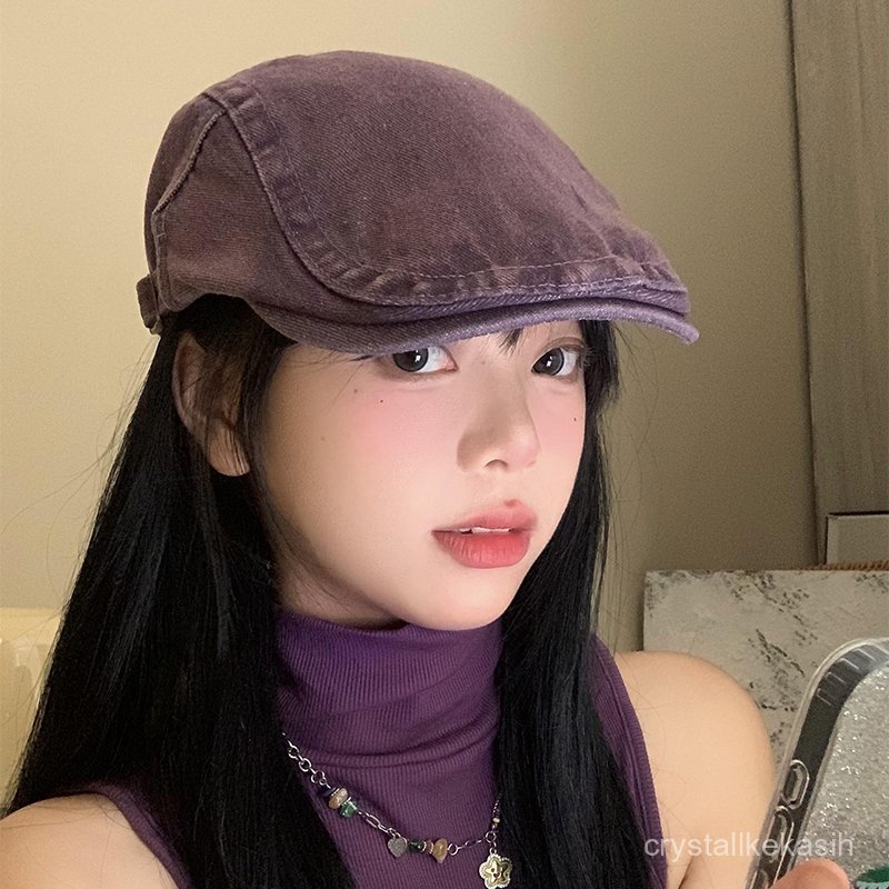 Topi Baret Wanita Denim Ungu Vintage - Topi Casual Kekinian untuk OOTD