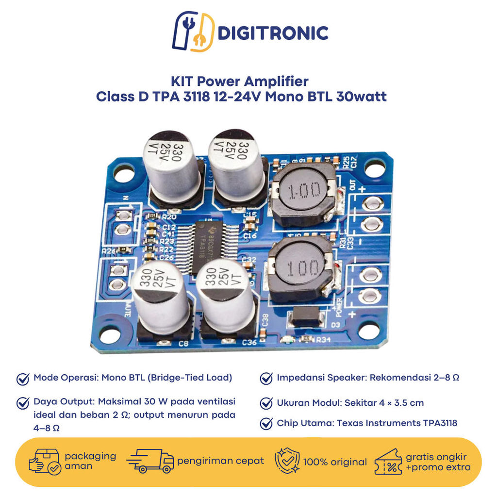 KIT Power Amplifier  Class D TPA 3118 12-24V Mono BTL 30watt