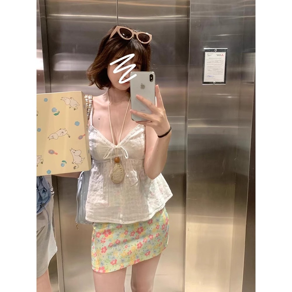 MYCASSI Rok Pendek Korea Bunga Hijau Bodycon Outfit Dopamine Pantai Untuk Wanita