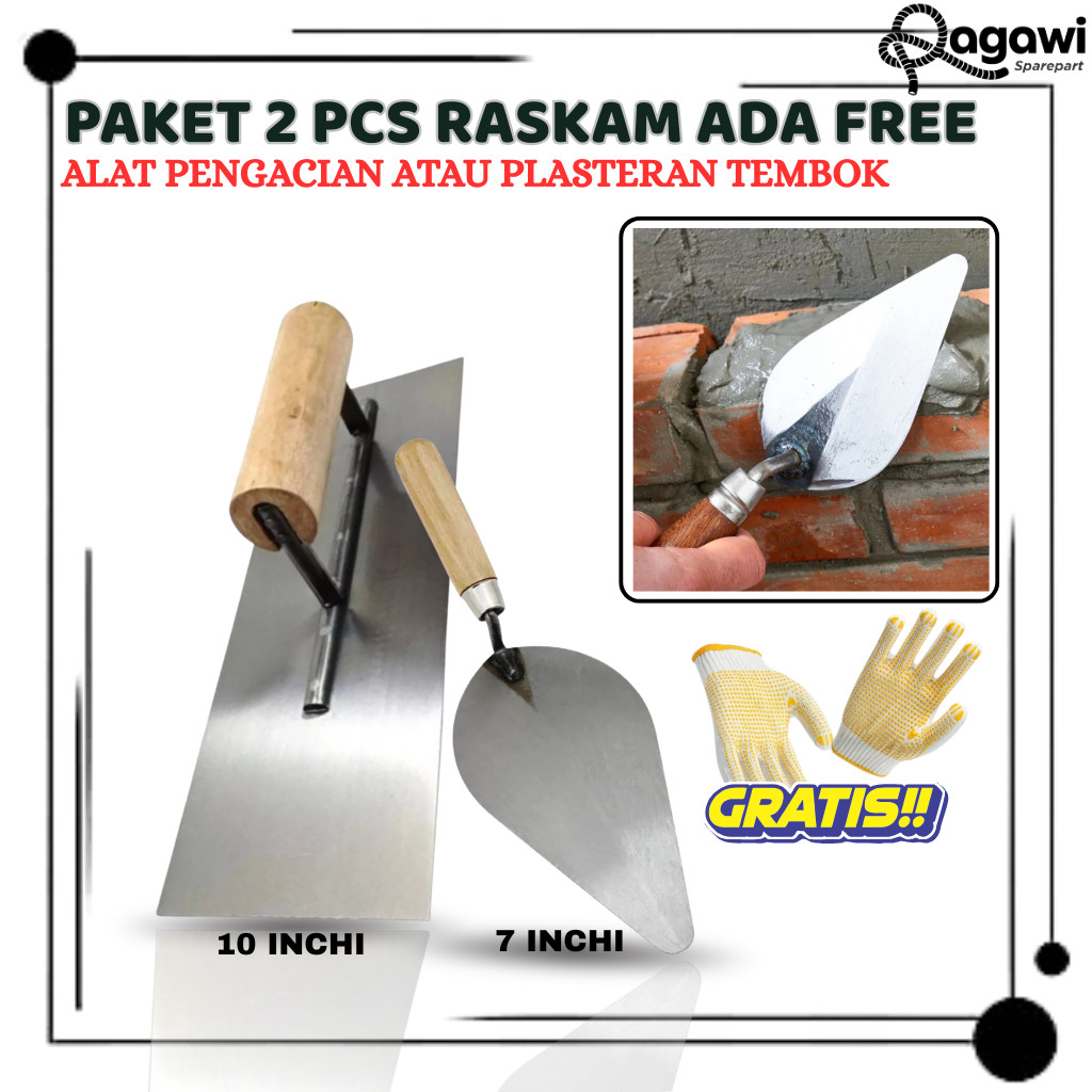 Paket Murah 2 Pcs Raskam Acian penghalus Tembok Dan Sendok Semen Stainless - Raskam Plat Baja Dan Ce