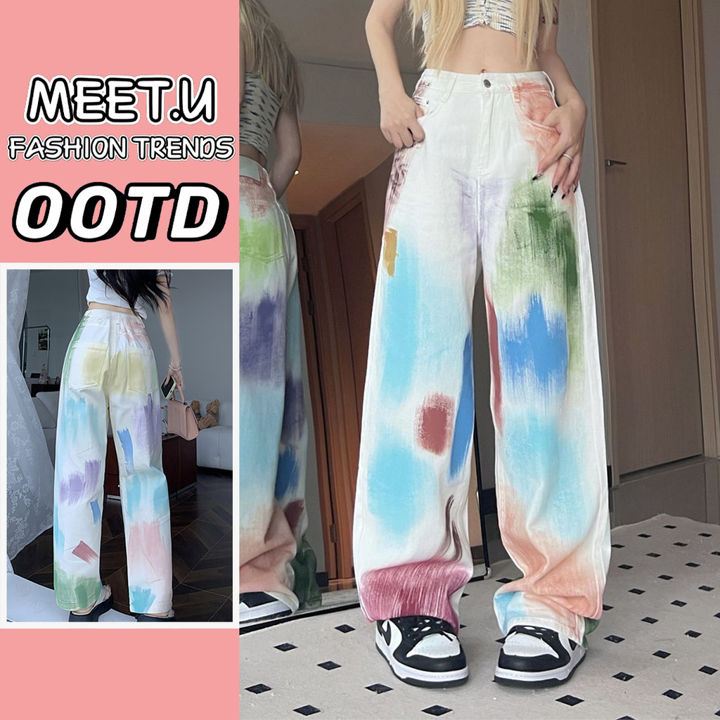 MEET.U Celana Jeans Lurus Motif Grafiti Wanita Korean Style Chic Colorful Highwaist Denim Pants