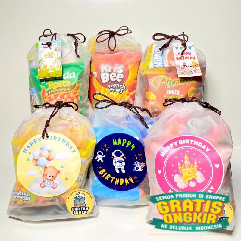 Paket Snack Ulang Tahun Anak Hampers Snack Bingkisan Ulang Tahun Anak Pouch Serut Mini / Bingkisan E