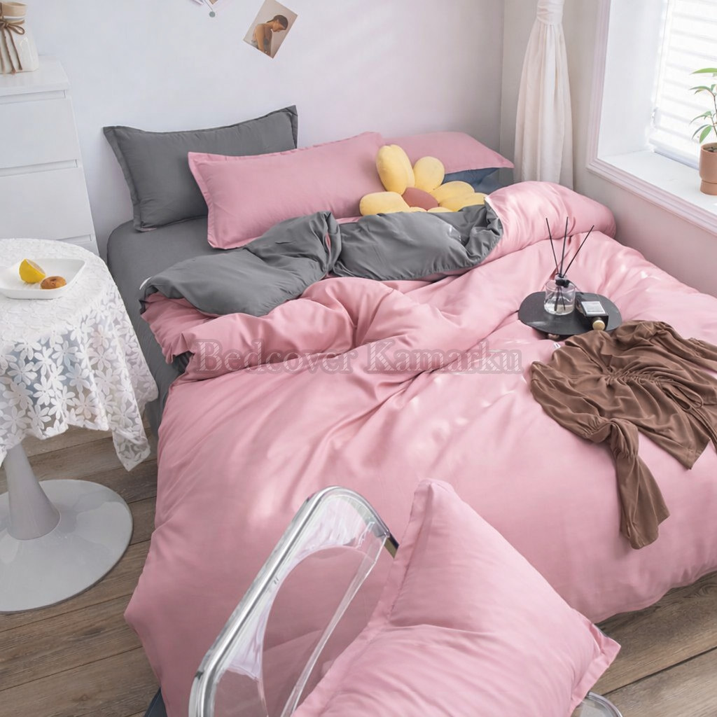 Bedcover Saja motif Mix Pink Abu Tua full dacron 180x220 -Bedcover Kamarku