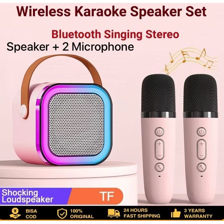 Mini Speaker Bluetooth 2 Mic 1 Set Full Bass Portable Wireless Karaoke Bisa Dihubungkan Ke ponsel / 
