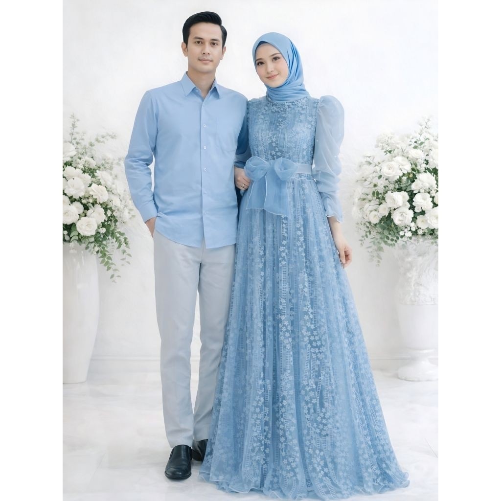 Couple Gamis Pesta Wanita Busui Bahan Brokat + Kemeja Pria Lengan Panjang Baju Suami Istri Sepasang 