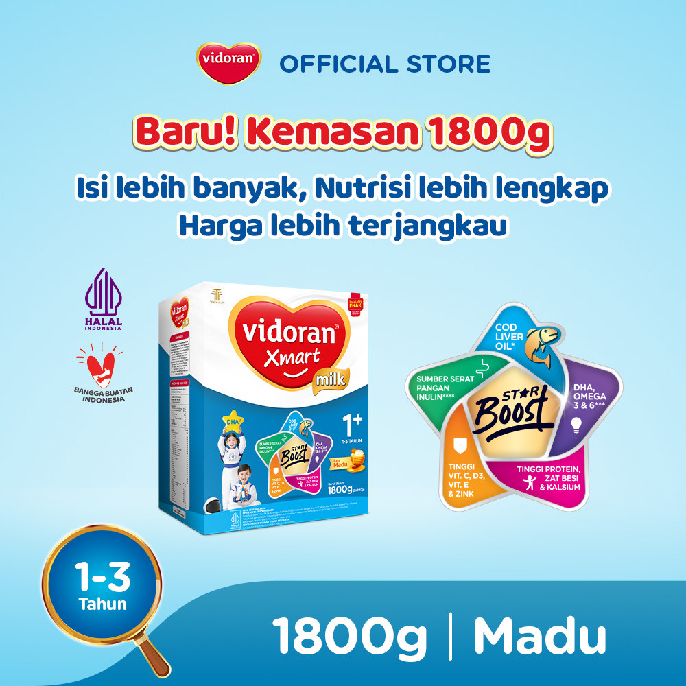 Vidoran Xmart 1+ Madu (2x900gr) Susu Formula Pertumbuhan Anak 1-3 Tahun