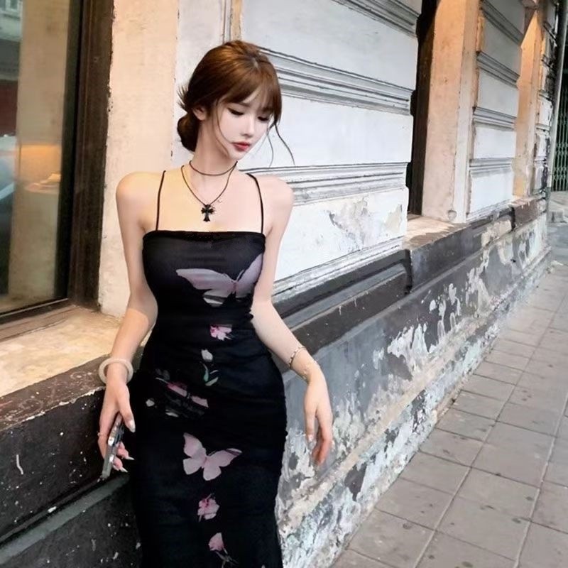 Dress Wanita Motif Kupu-Kupu Gaya Prancis Tali Bahu Leher Kotak Punggung Terbuka Bodycon Panjang Mus