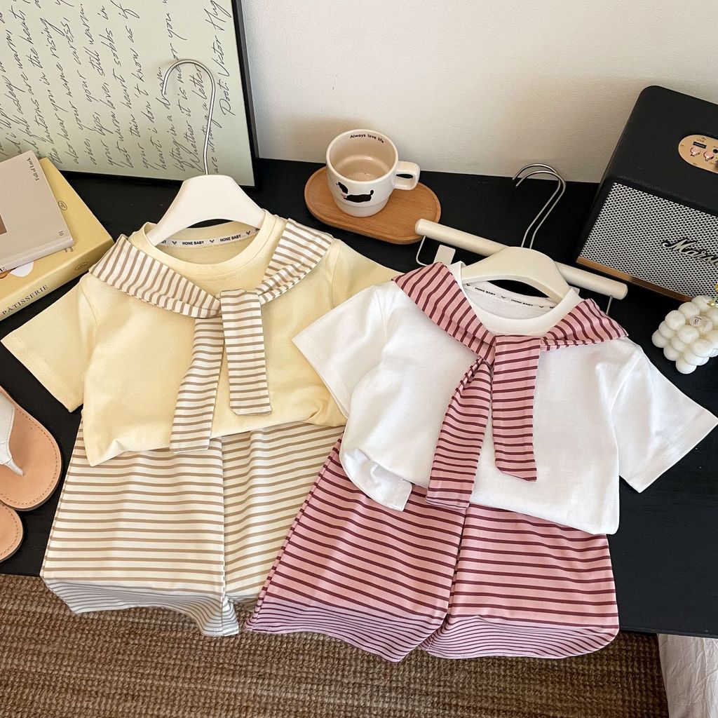 Buku harian pakaian bayi lucu COD Celana Tipis Lengan Pendek Anak Perempuan Bergaris