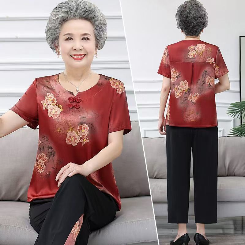Setelan Baju Ibu Musim Panas Tipis Gaya Tionghoa Wanita Lansia Atasan Celana Baju Meriah Untuk Hari 