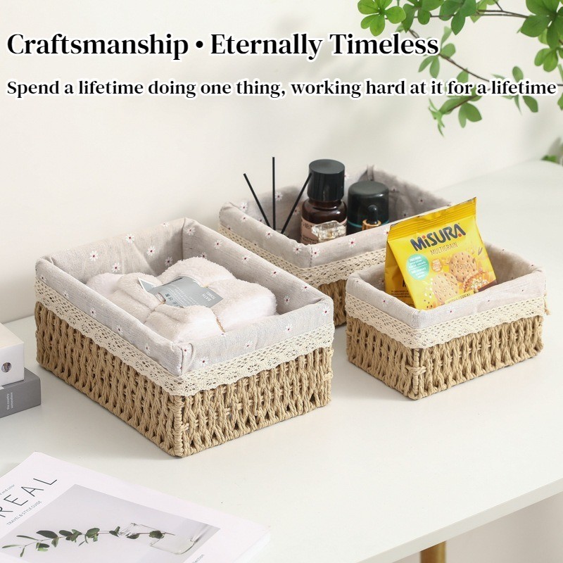 Rustic Rattan Storage Basket Fabric rty Clothes Basket Cosmetic Jewelry Storage Basket