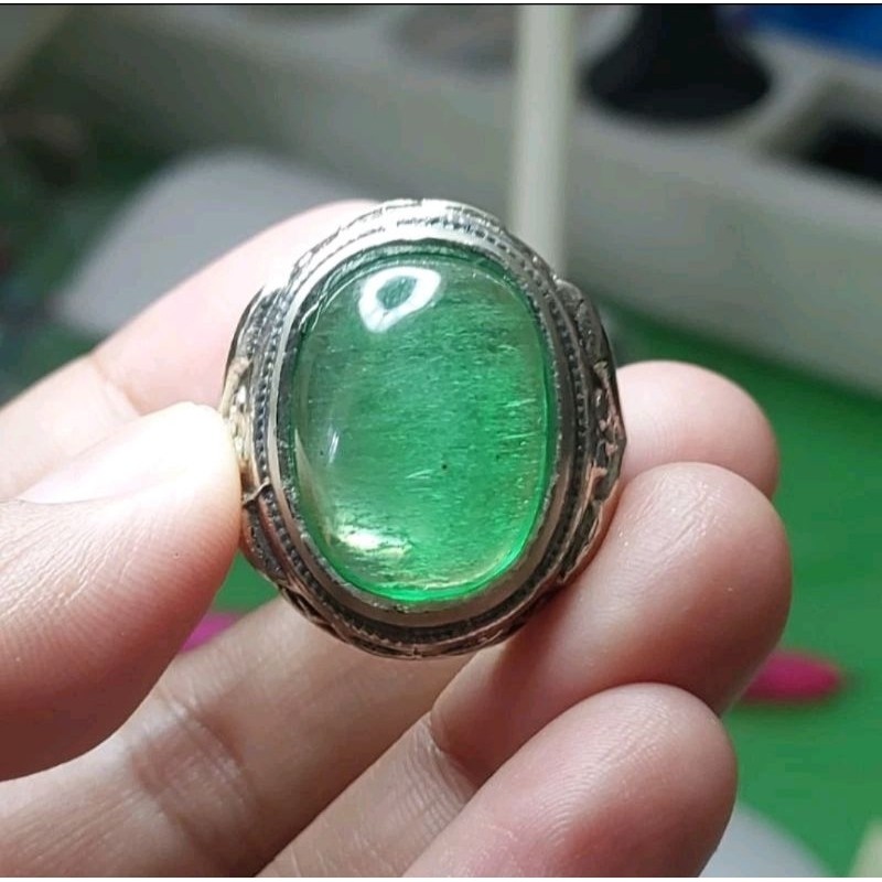 Cincin Batu Akik Zamrud Kalimantan Zamkal Green Tektite Asli Natural elegan