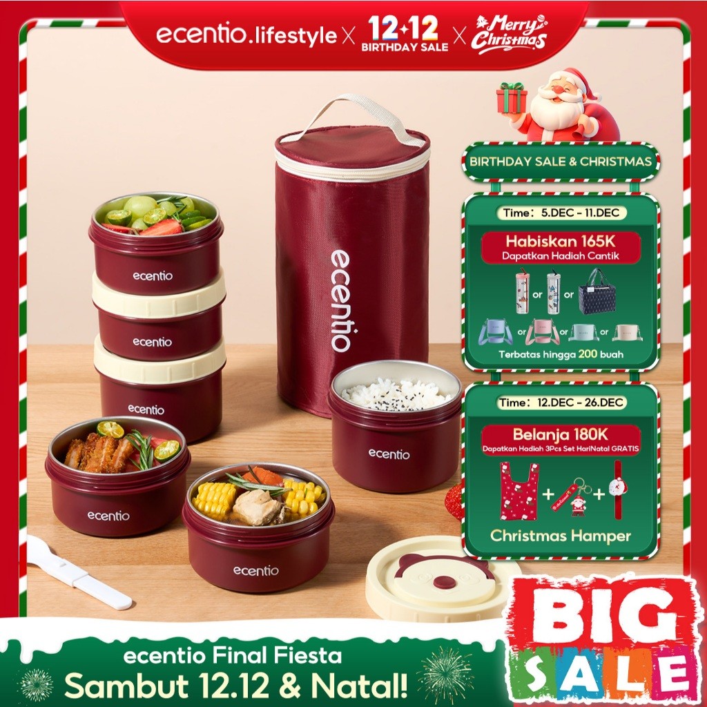 ecentio Tempat Bekal Makanan Tahan Panas Stainless Bekal Makan Set 3pcs Anti Tumpah Lunch Box Set Ra