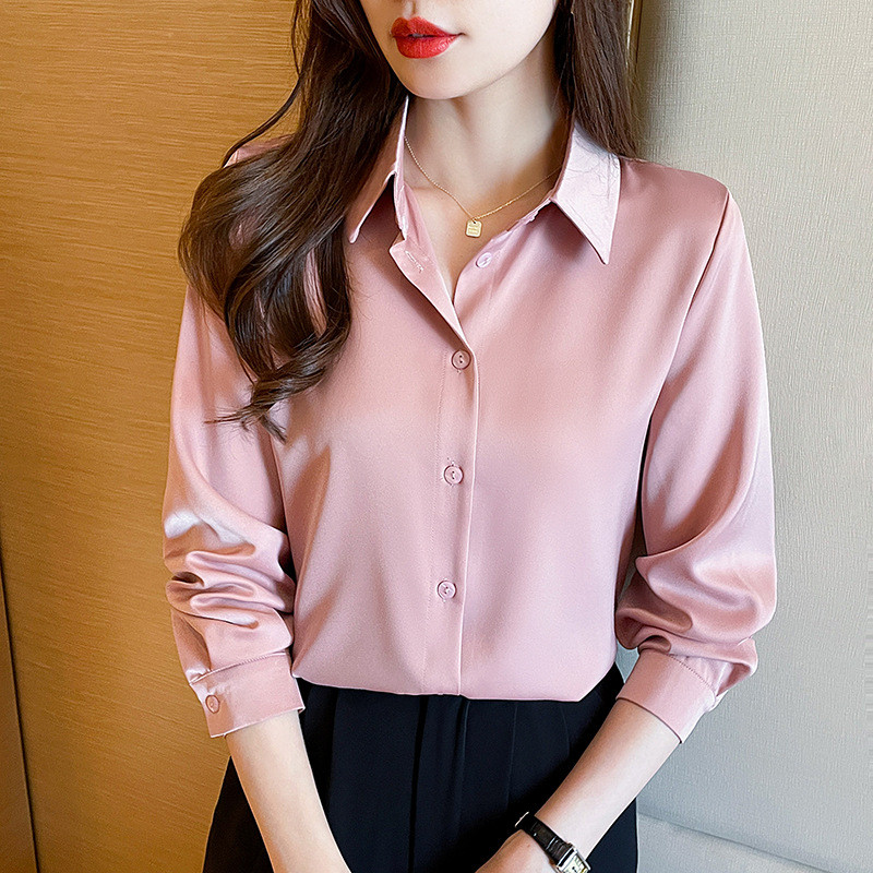 10 Warna Kemeja Blouse Wanita Korea Premium Anti Kusut Bahan Satin Lengan Panjang Polos Elegan Casua