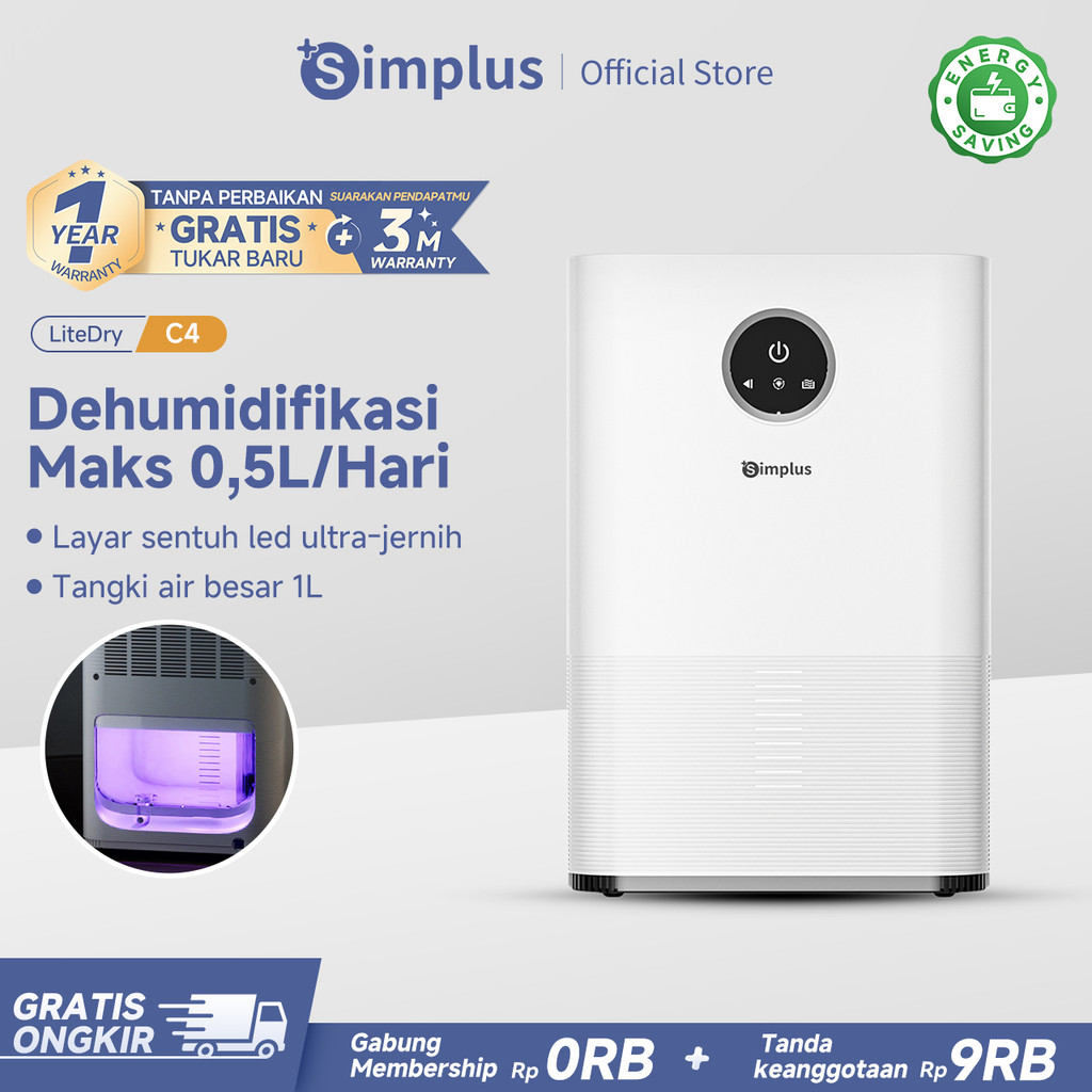 Simplus Dehumidifier 1L Dehumidifikasi Konstan Tidak Bising Pemantau Kelembaban Hemat Daya