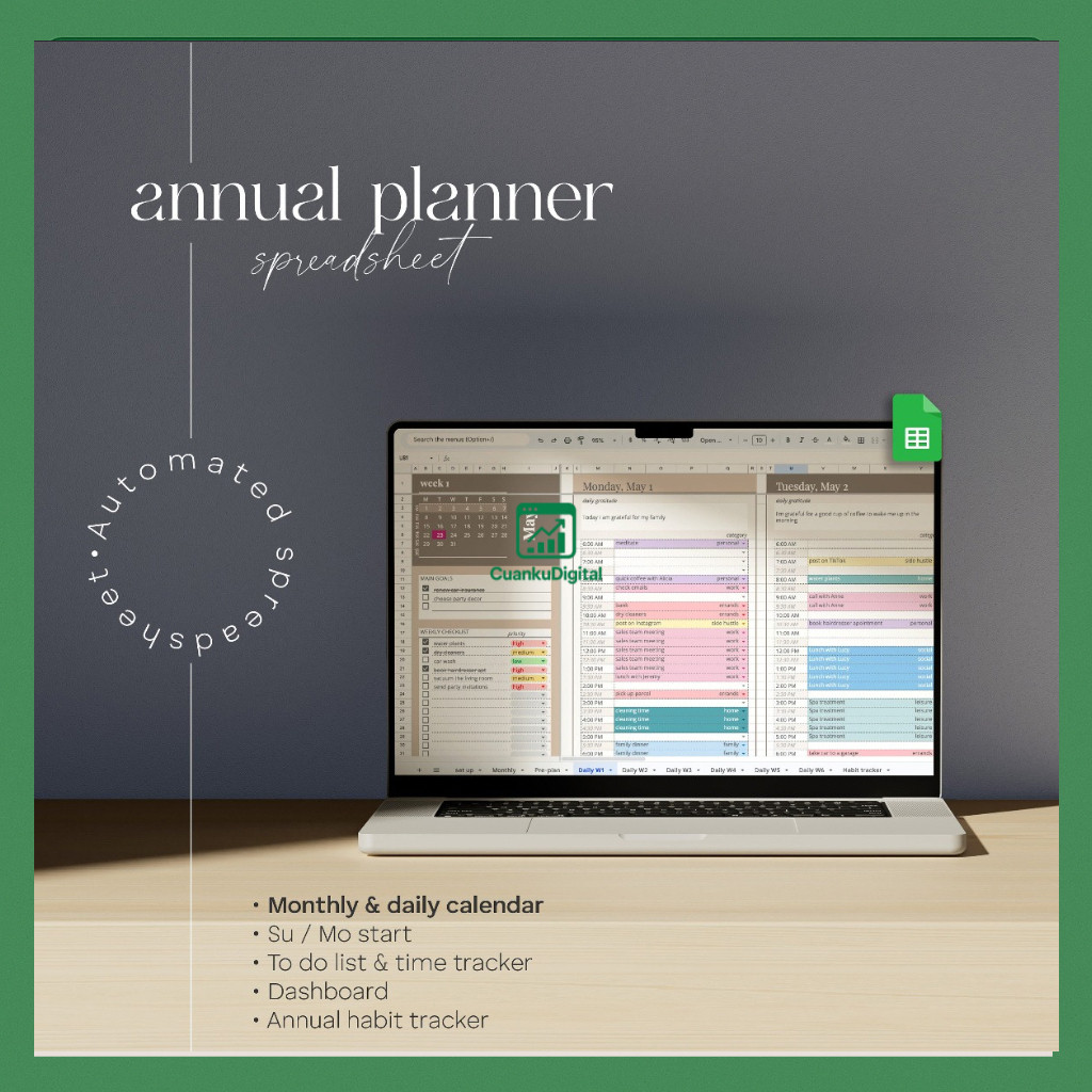 Planner Digital Tahunan Google Sheets | Kalender Bulanan | Jadwal Harian & Pelacak Target