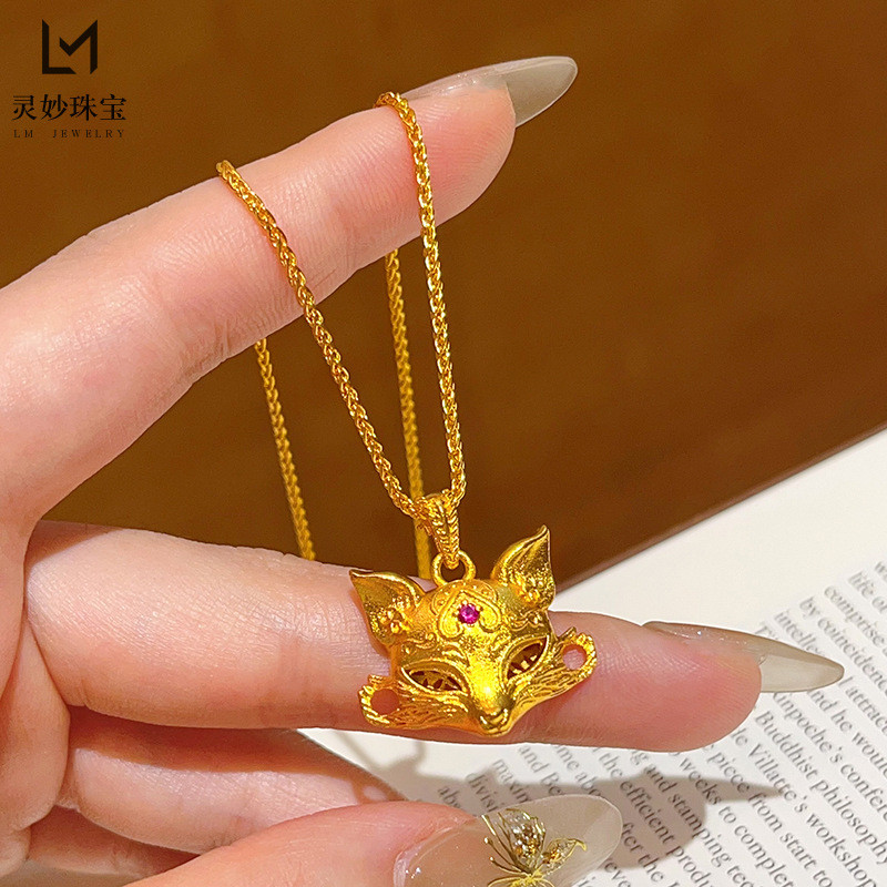 Liontin Rubah Phantom Sembilan Ekor Berlian Merah Mawar Berlapis Emas Masker Rubah Rantai Tulang
