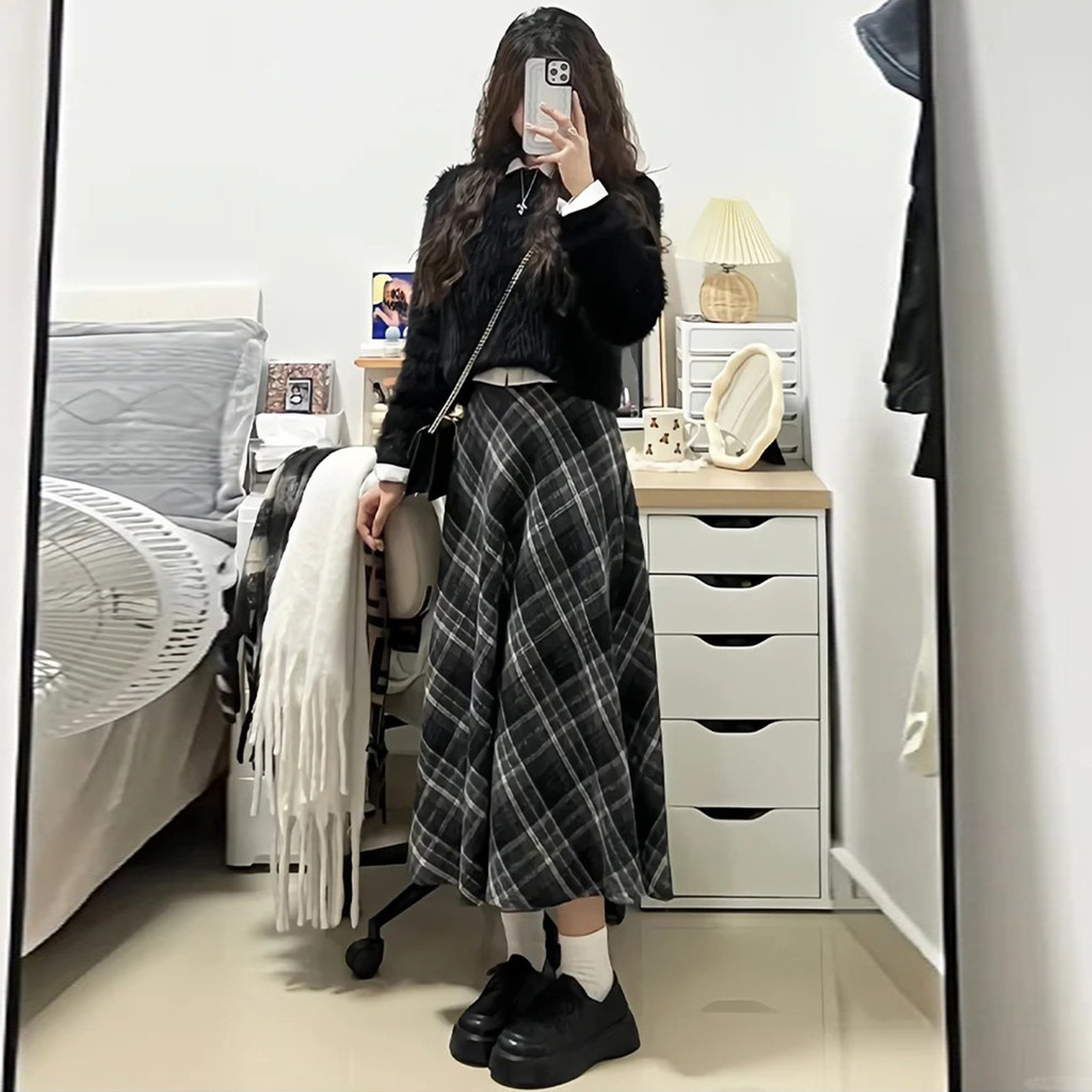 Rok Wol Kotak-Kotak Coklat Baru Pinggang Tinggi Menyusut Rok A-Line Panjang Sedang